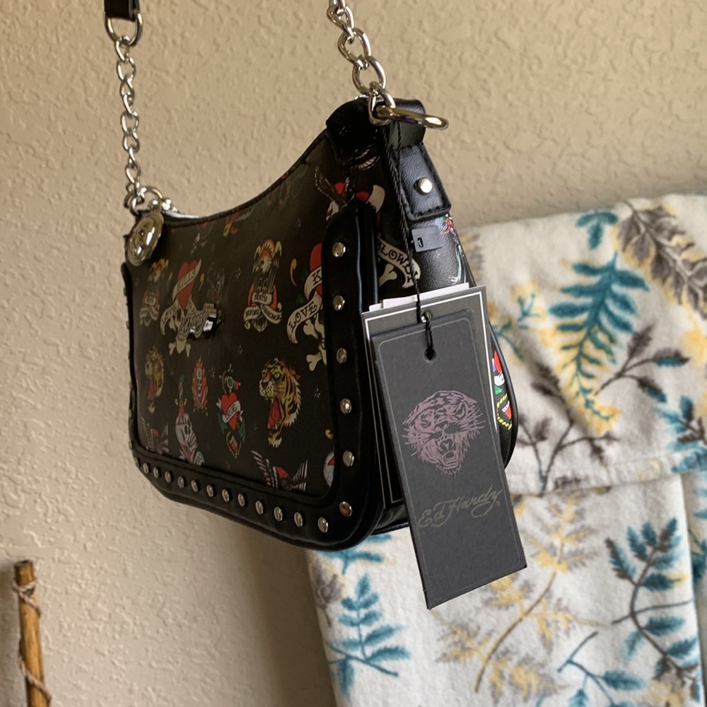 Ed Hardy Black and Red Tattoo Studded Shoulder Bag optional Crossbody strap - Picture 2 of 8